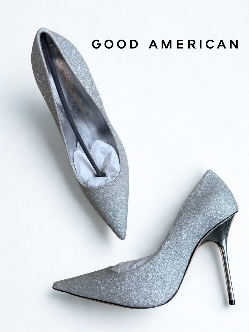 NIB Good American Emma Silver Glitter Stiletto Heels Size 12 New Worn